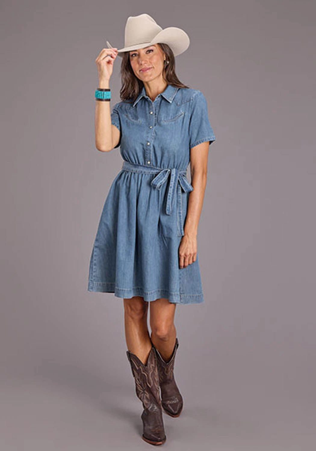 Stetson Womens Smile Pockets Self Tie Blue Lyocell S/S Dress Eco Conscious Manufacturing Layer Ready