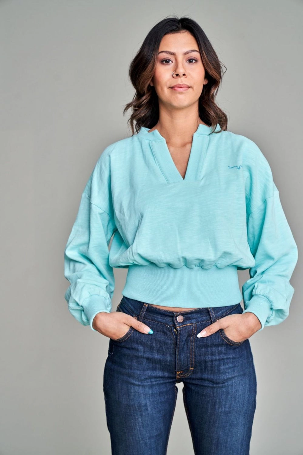 Roll Up Storage Design Kimes Ranch Womens Dewey V Neck Turquoise 100% Cotton Pullover Sweater