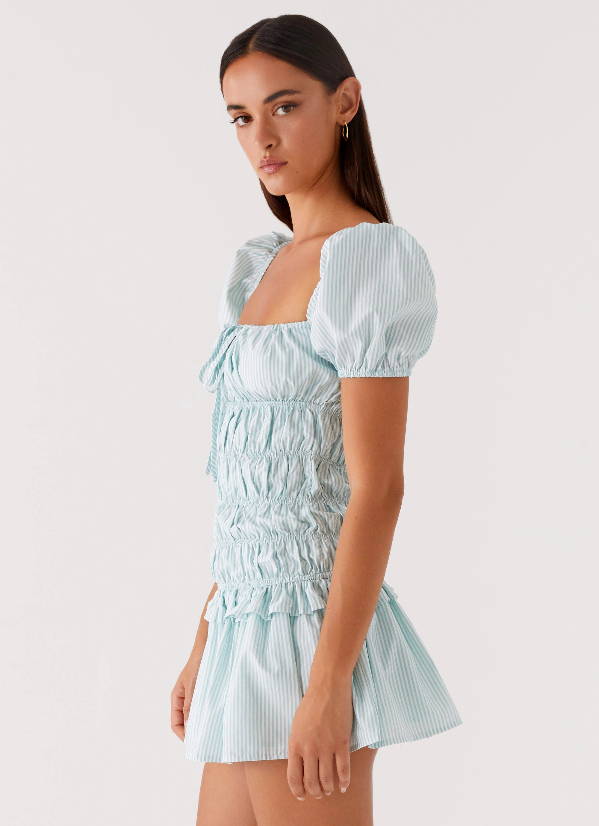 Smooth Detail Basic Fashion Yolene Mini Dress - Green Gingham