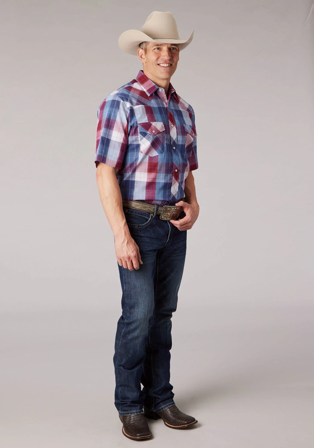 Cozy Feel Roper Mens 2059 Lurex Plaid Red/White Cotton Blend S/S Shirt