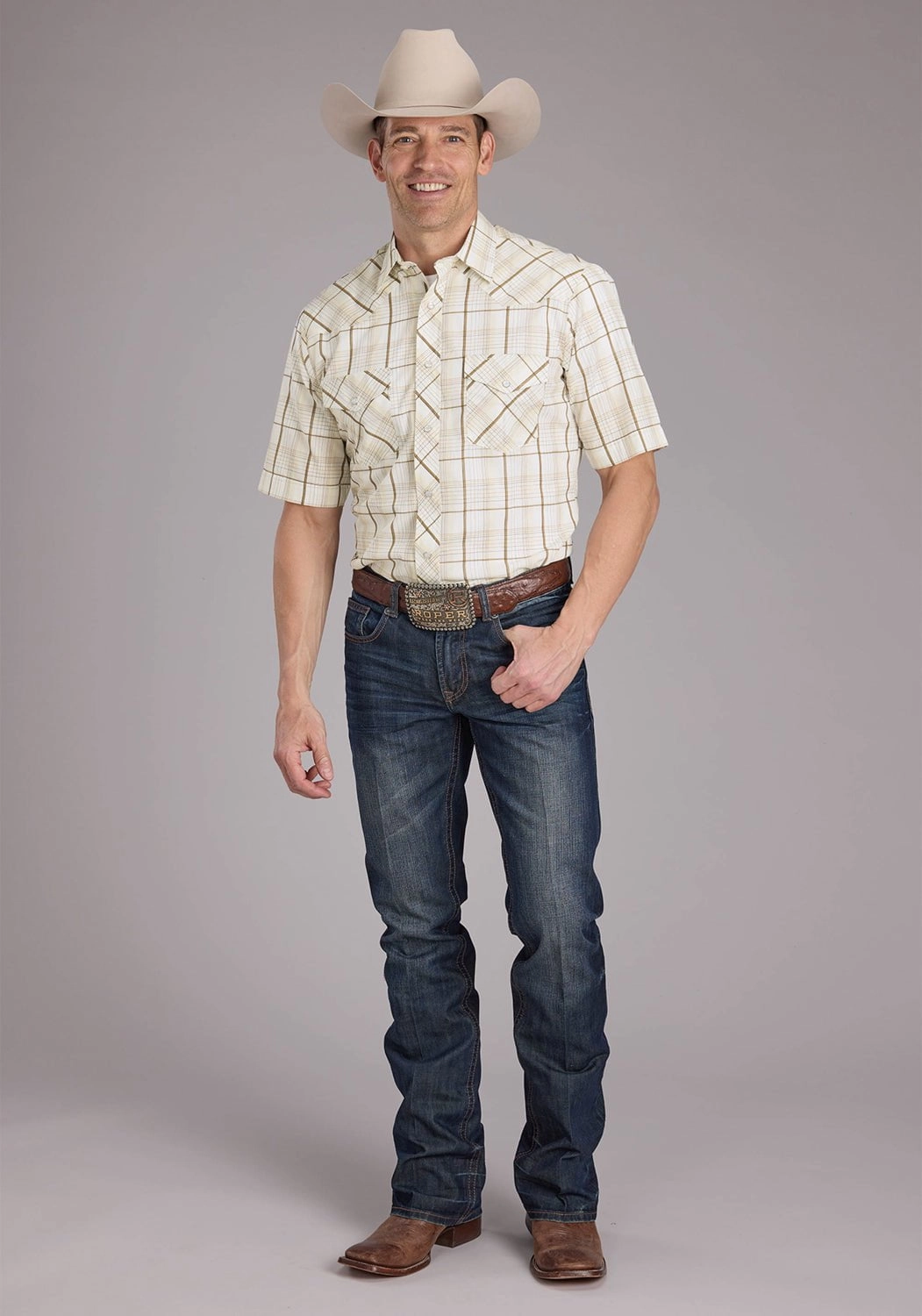 Gym Companion Layered Sleeve Cuffs Roper Mens 2406 Neutral Plaid Tan Cotton Blend S/S Shirt