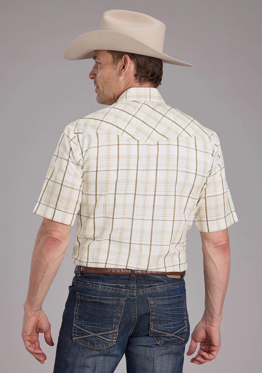 Cooling Mesh Lining Roper Mens 2406 Neutral Plaid Tan Cotton Blend S/S Shirt