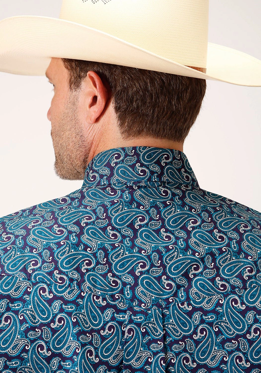 Smooth Stitch Pattern Anniversary Celebration Roper Mens Teal 100% Cotton Purple Sage Paisley S/S Shirt
