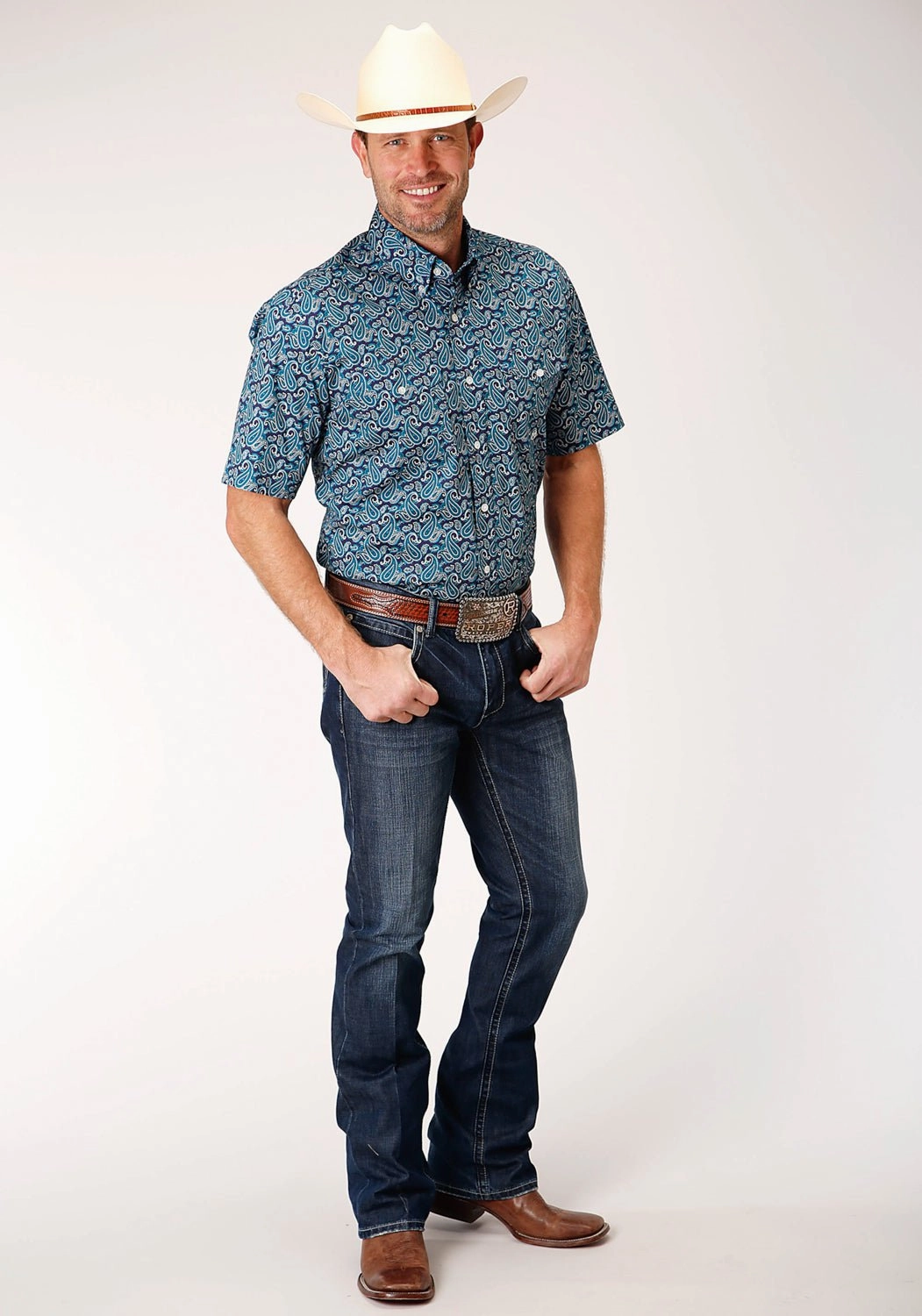 Roper Mens Teal 100% Cotton Purple Sage Paisley S/S Shirt Microfiber Material
