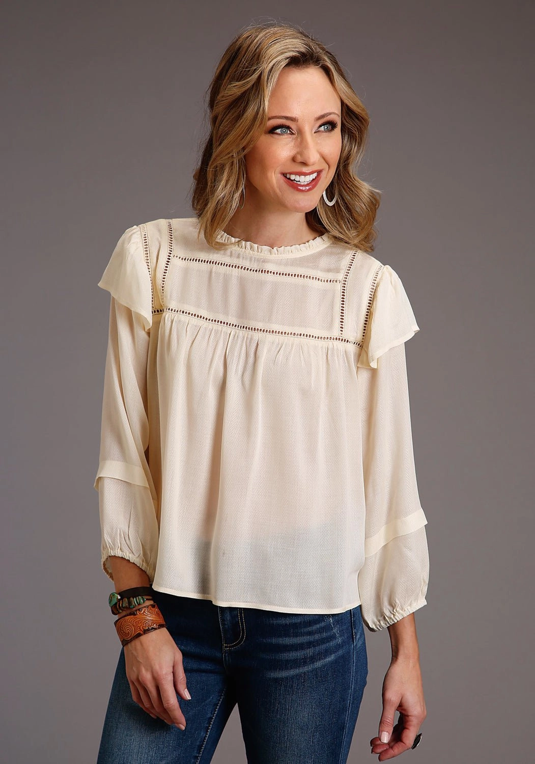 Compact Fold Design Stetson Womens 886 Herringbone Cream 100% Rayon L/S Tunic