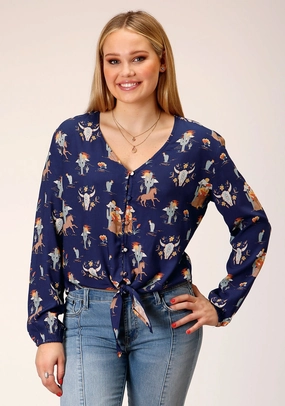 Year-Round Wear Roper Womens Cowboy Toile Blue Rayon/Nylon L/S Blouse