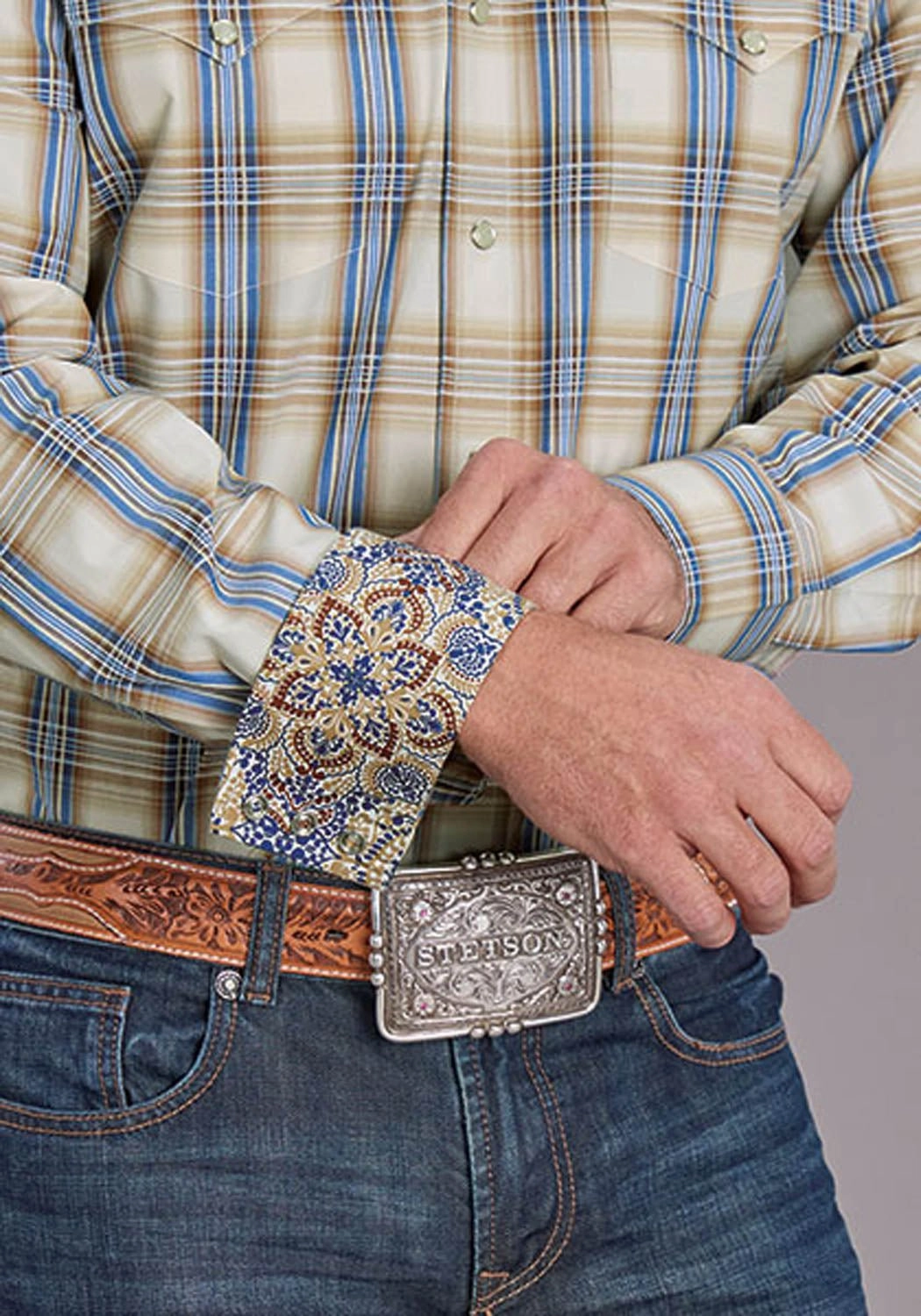 Weekend Casual Workwear Essential Stetson Mens 2514 Cinnabar Plaid Tan/Blue 100% Cotton L/S Shirt