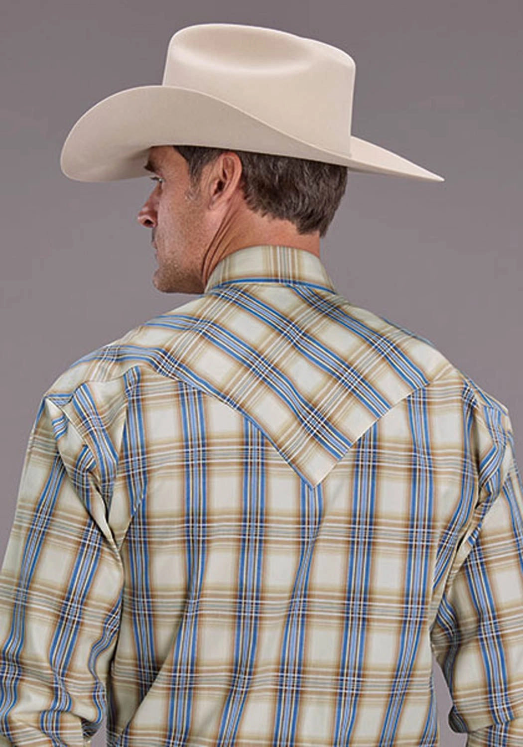 Iconic look Holiday Special Stetson Mens 2514 Cinnabar Plaid Tan/Blue 100% Cotton L/S Shirt