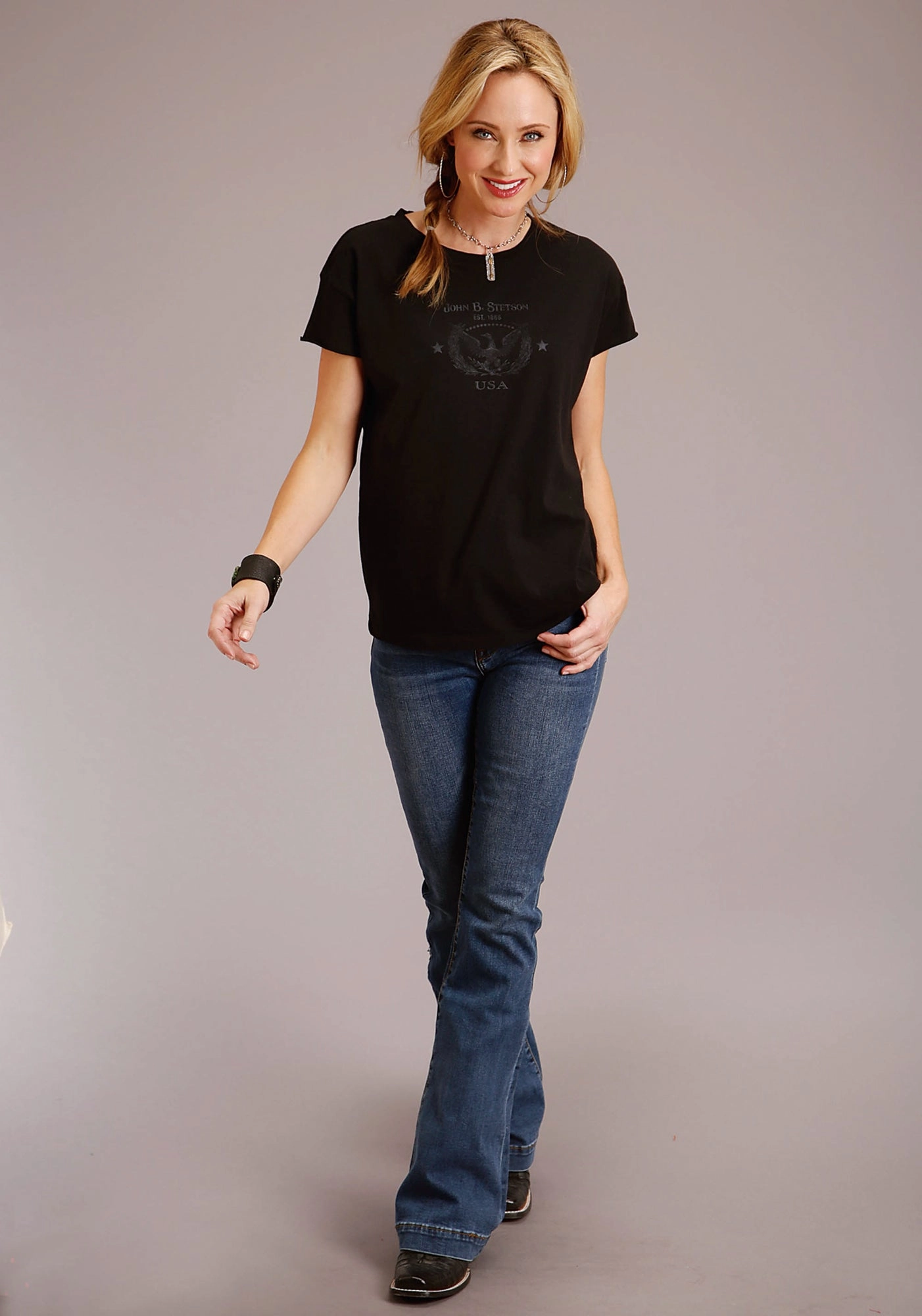 Abstract print Stetson Womens Black 100% Cotton Eagle Usa S/S T-Shirt