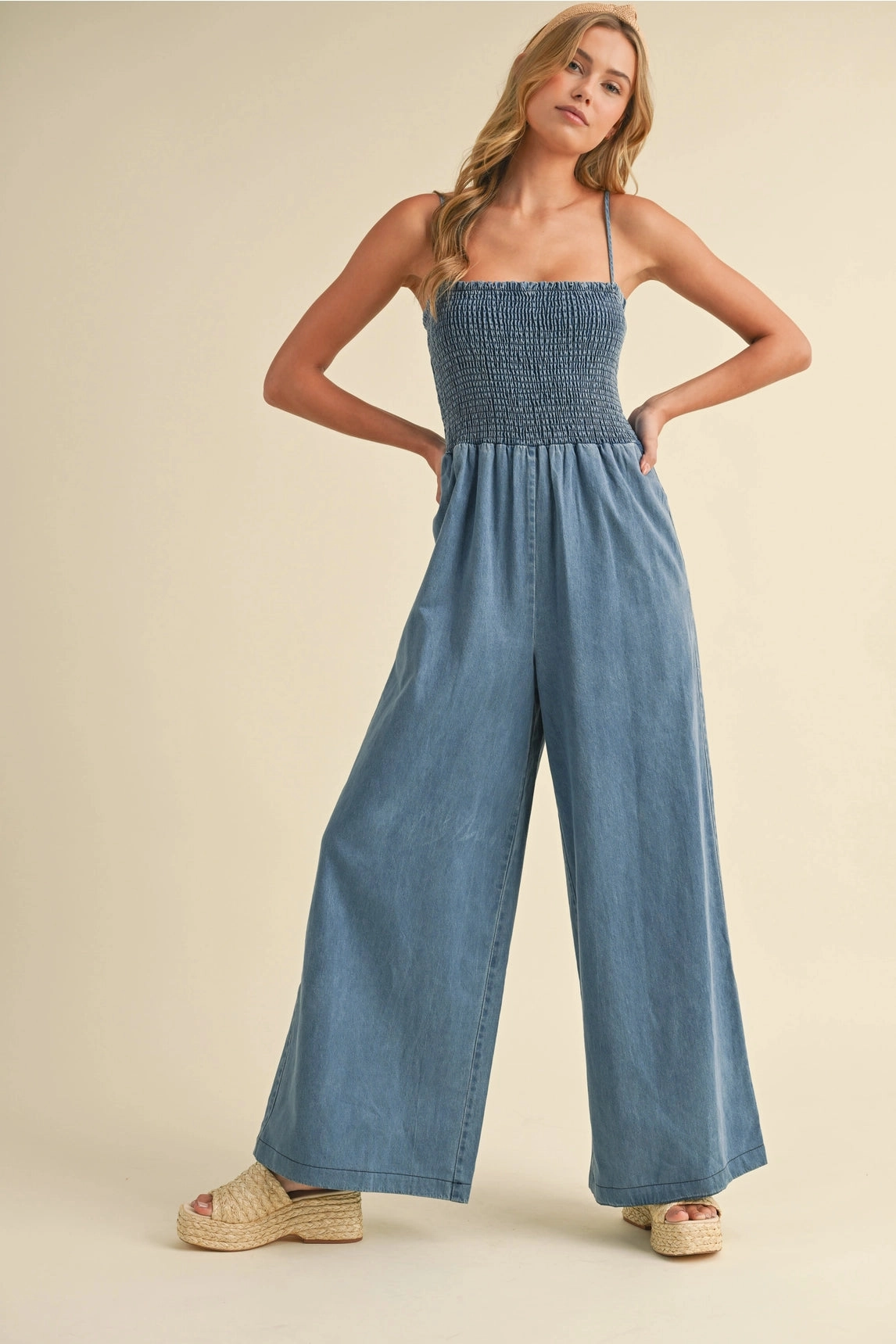 Becca Smocked Denim Jumpsuit Travel Ready