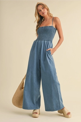 Becca Smocked Denim Jumpsuit Water resistant coating