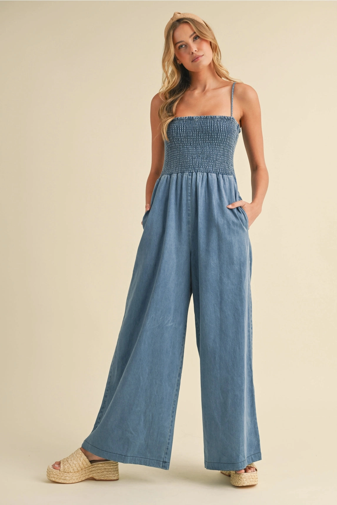 Stain Release Coating Texture Tone Becca Smocked Denim Jumpsuit