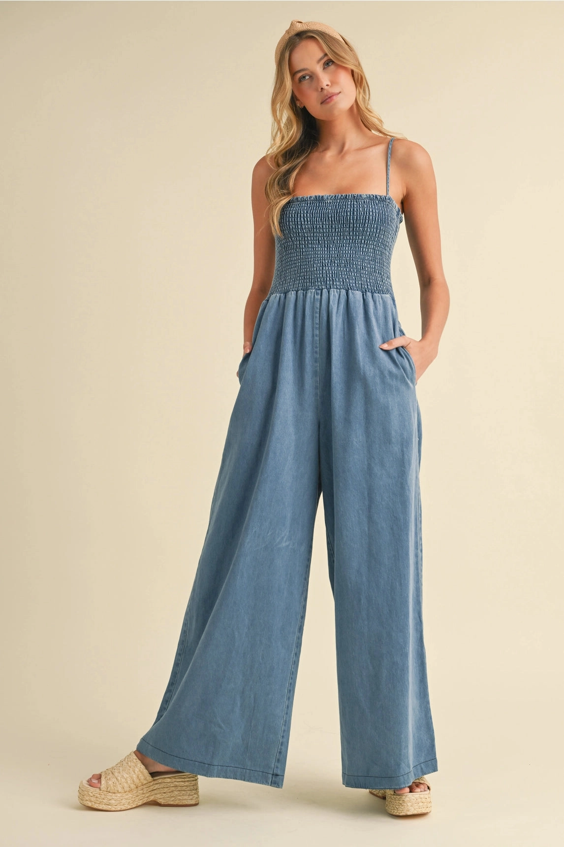 Becca Smocked Denim Jumpsuit Perfect Layer