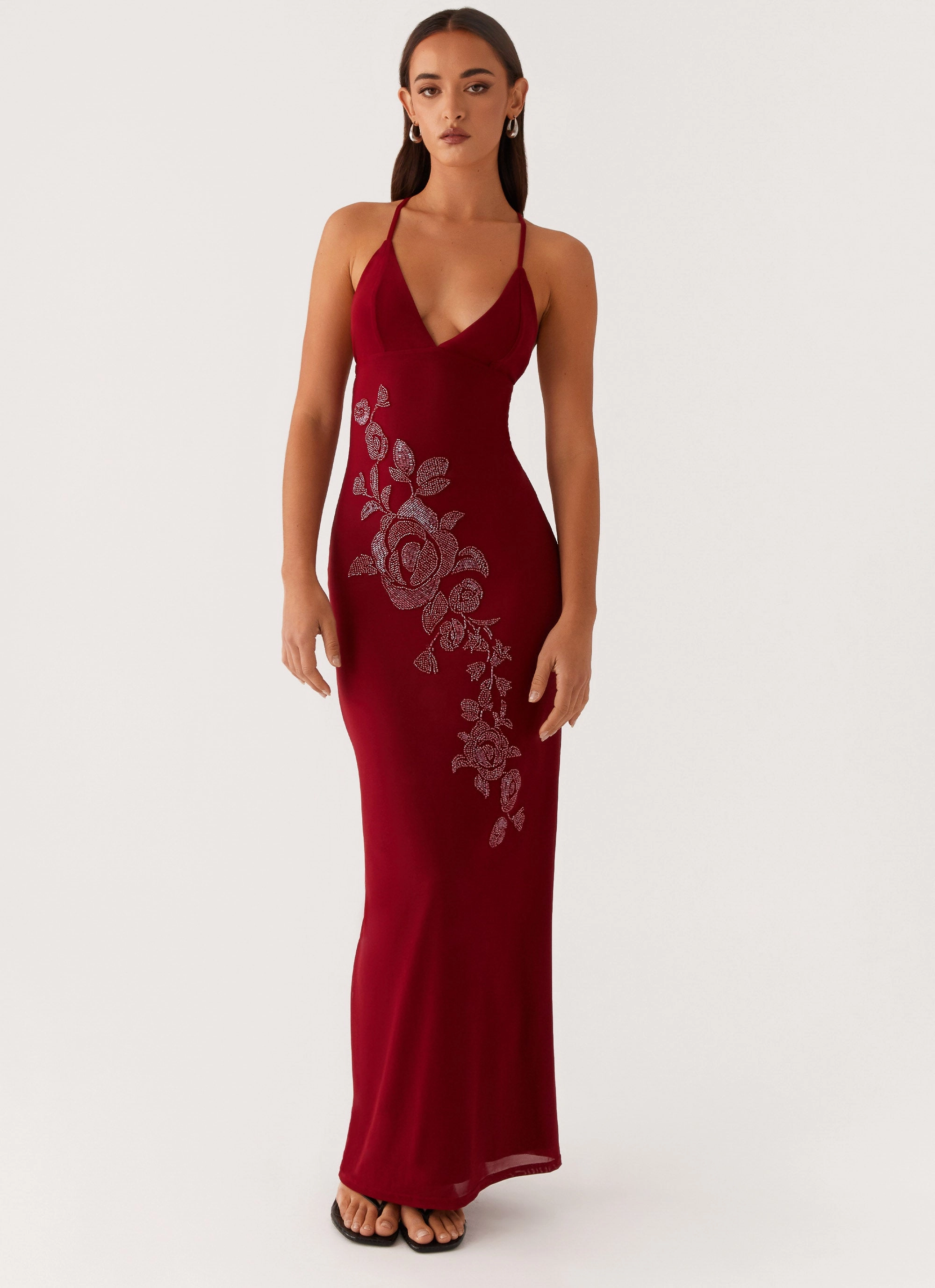 Waterproof Jacket Beki Beaded Mesh Maxi Dress - Deep Red