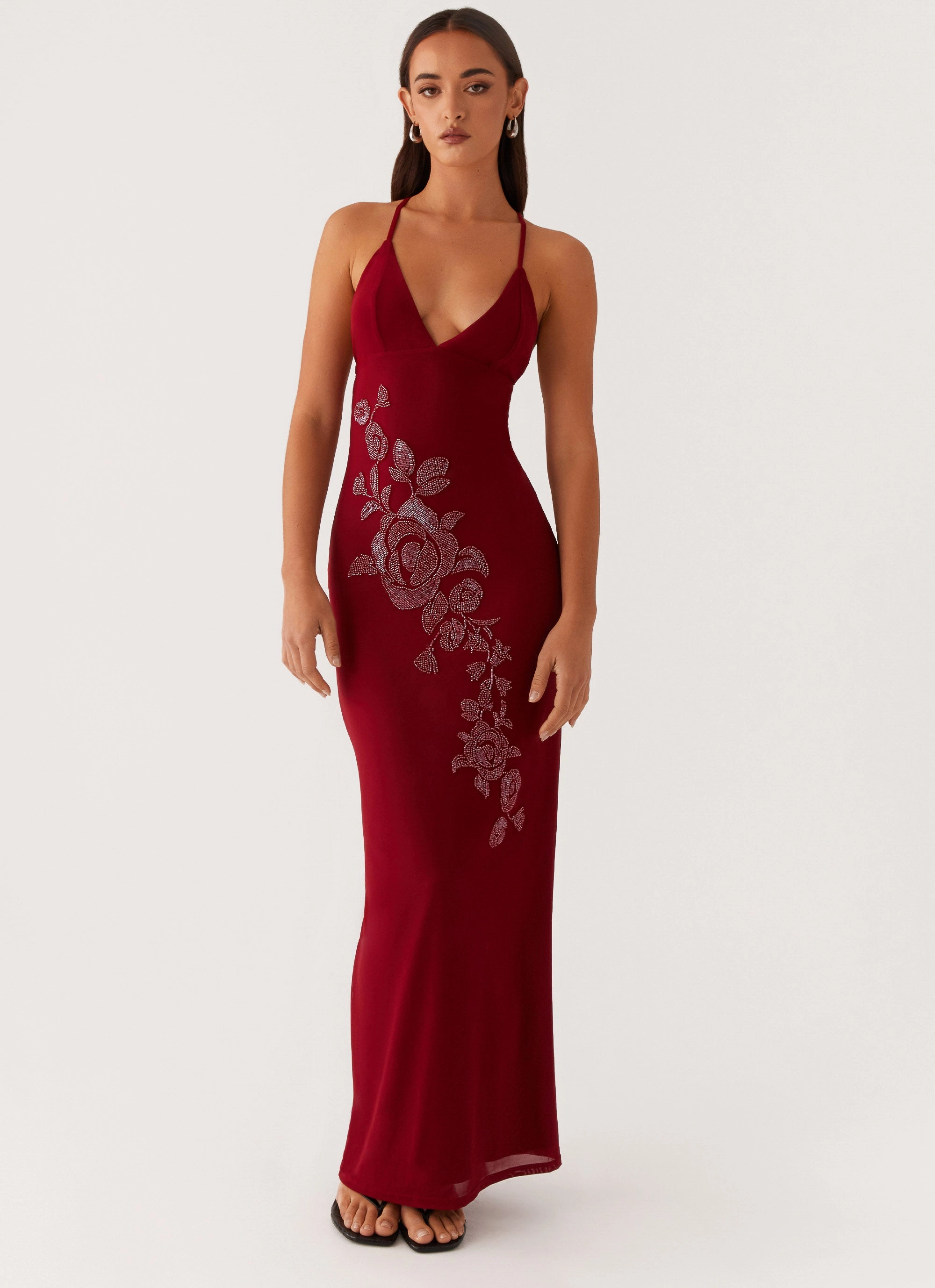 Soft and Chic Beki Beaded Mesh Maxi Dress - Deep Red
