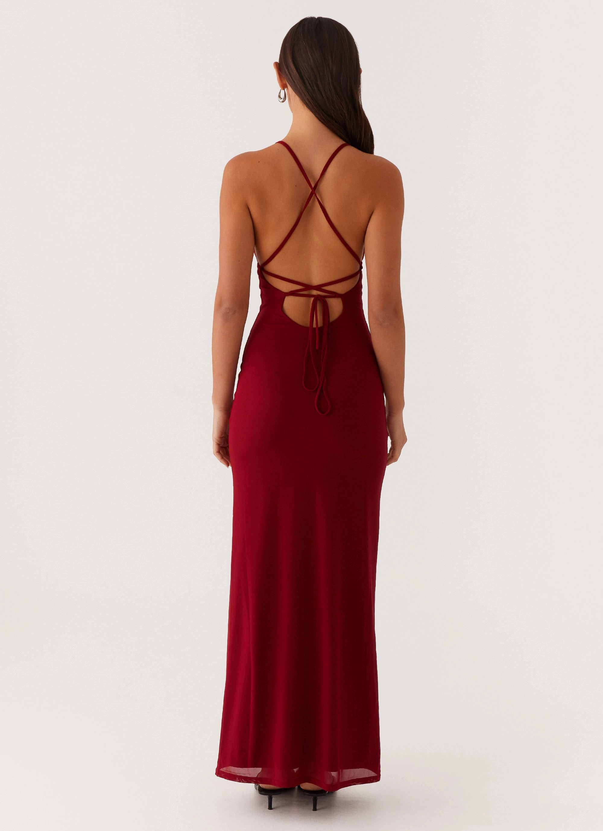 Beki Beaded Mesh Maxi Dress - Deep Red Loose Flow