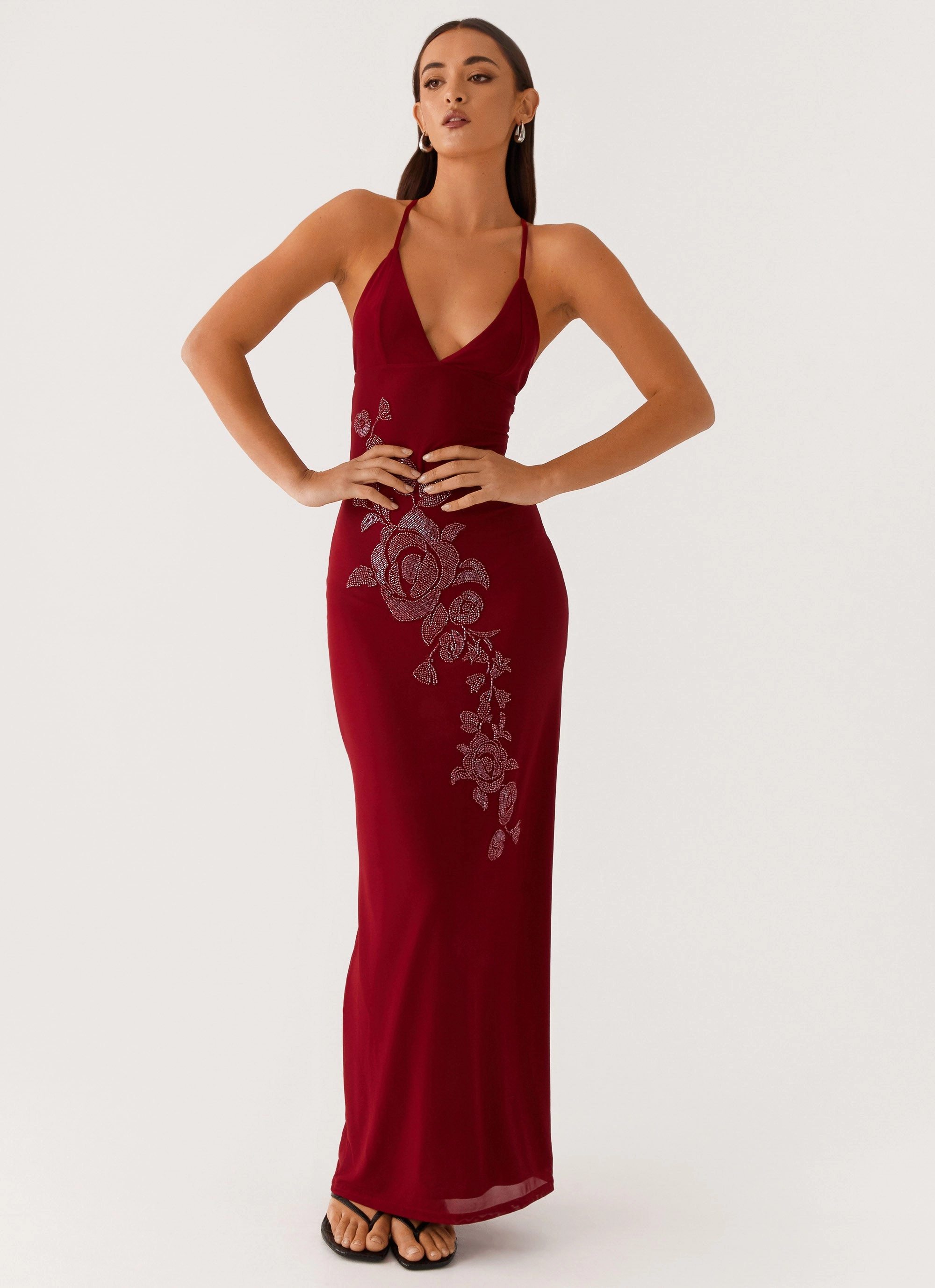 Classic Layering Beki Beaded Mesh Maxi Dress - Deep Red