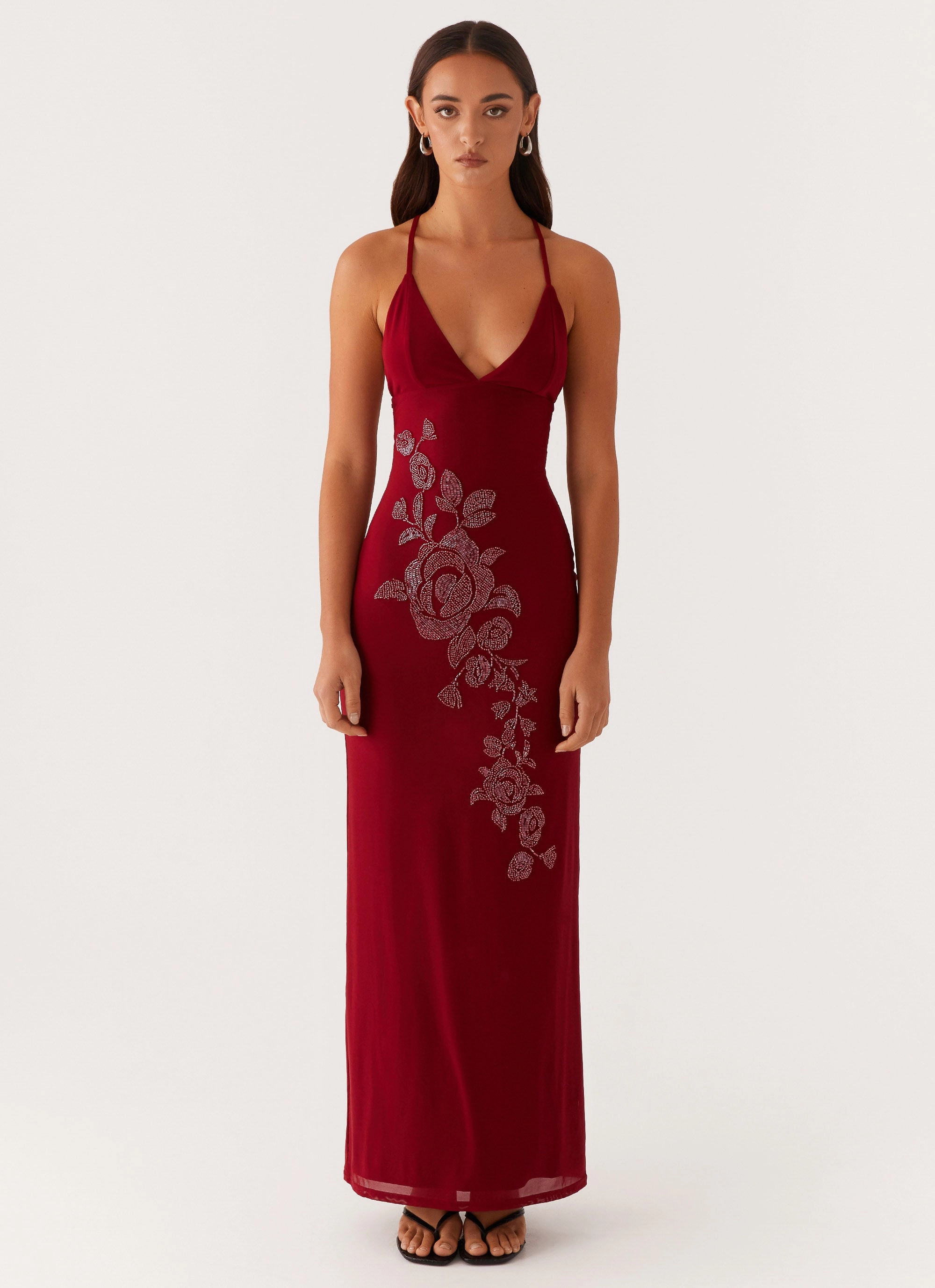 Polished Appearance Hot Now Beki Beaded Mesh Maxi Dress - Deep Red