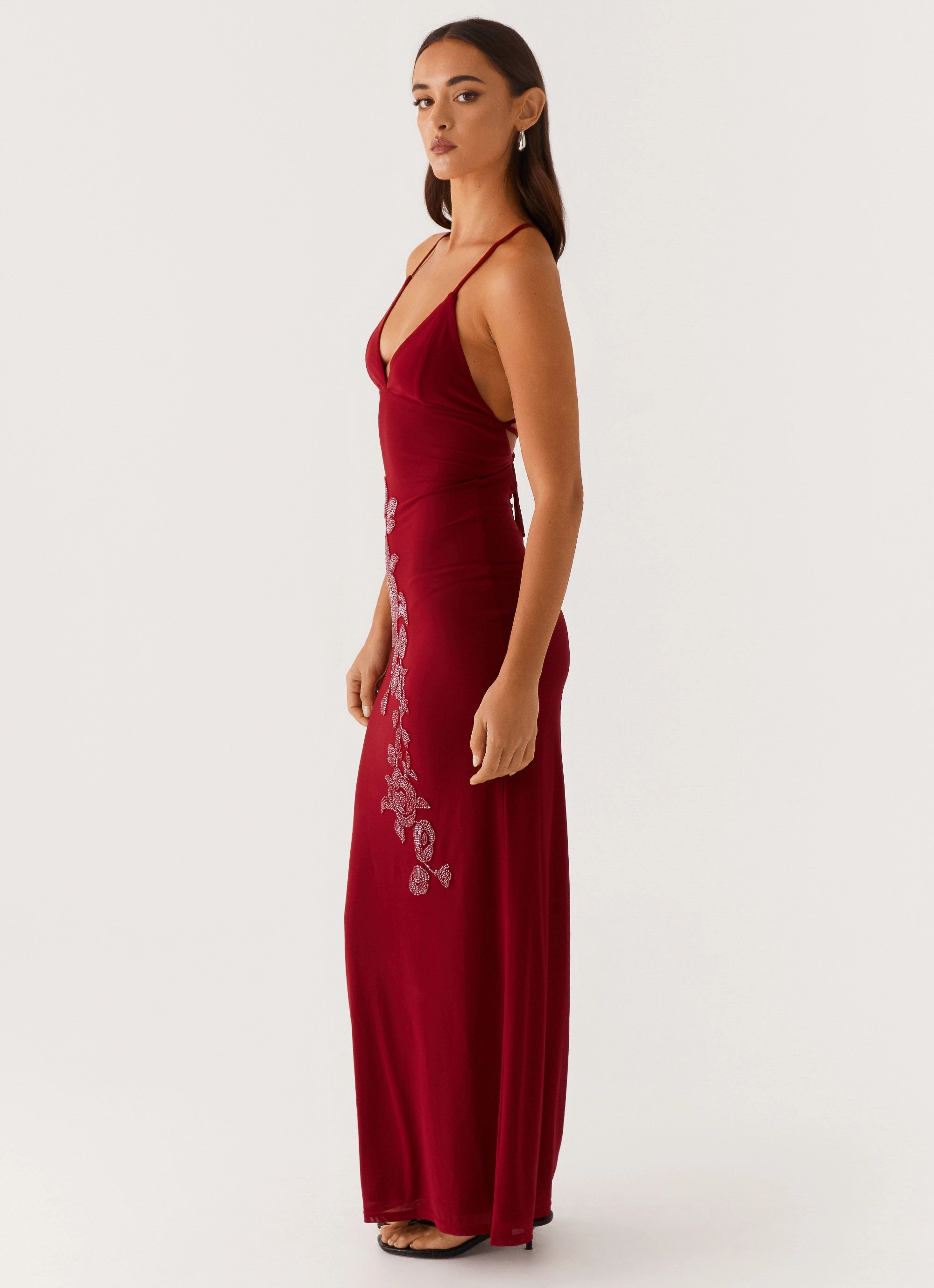 Beki Beaded Mesh Maxi Dress - Deep Red Cold Weather Wear