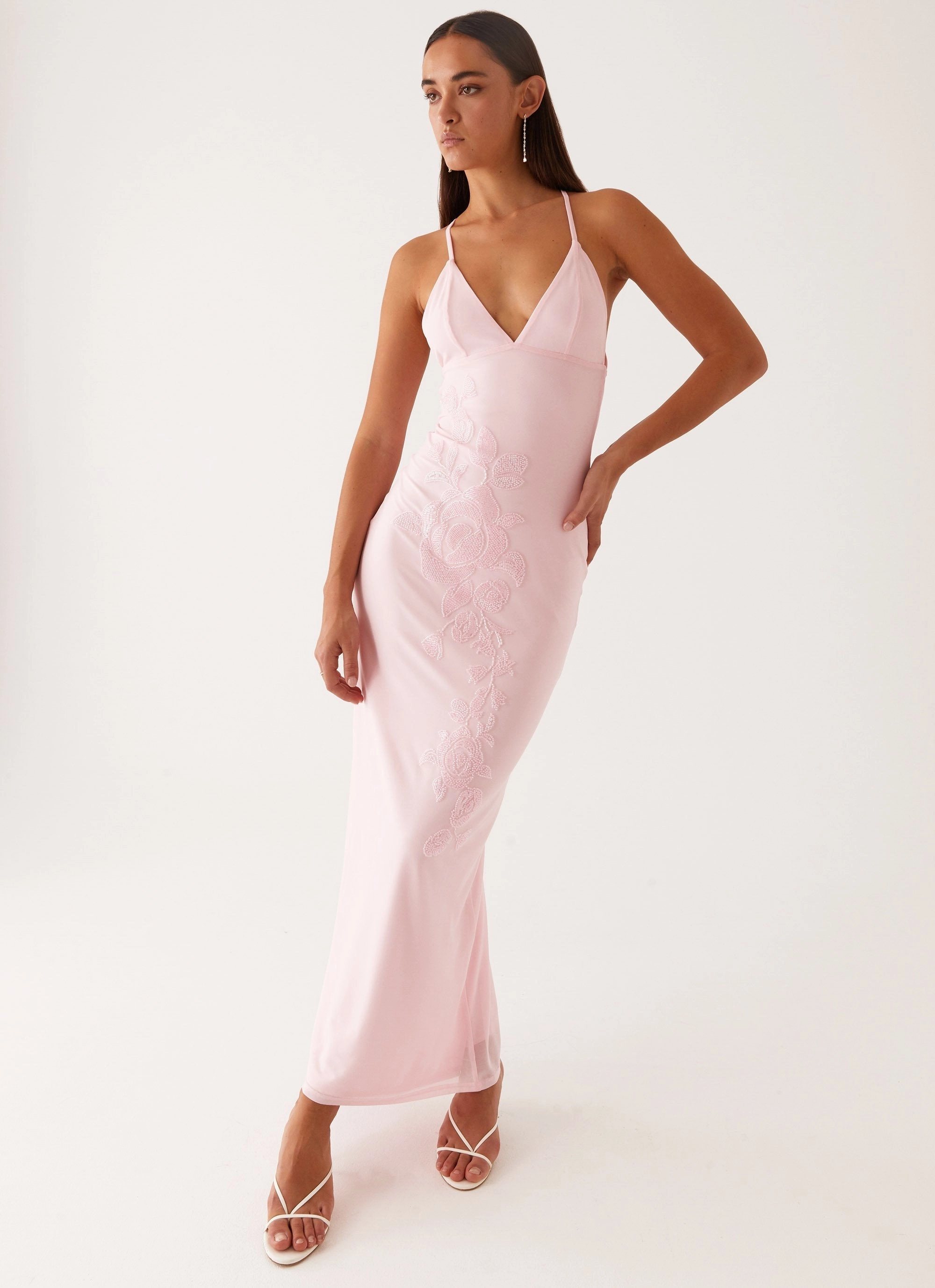 Beki Beaded Mesh Maxi Dress - Pink Halter neck Elegant Wear