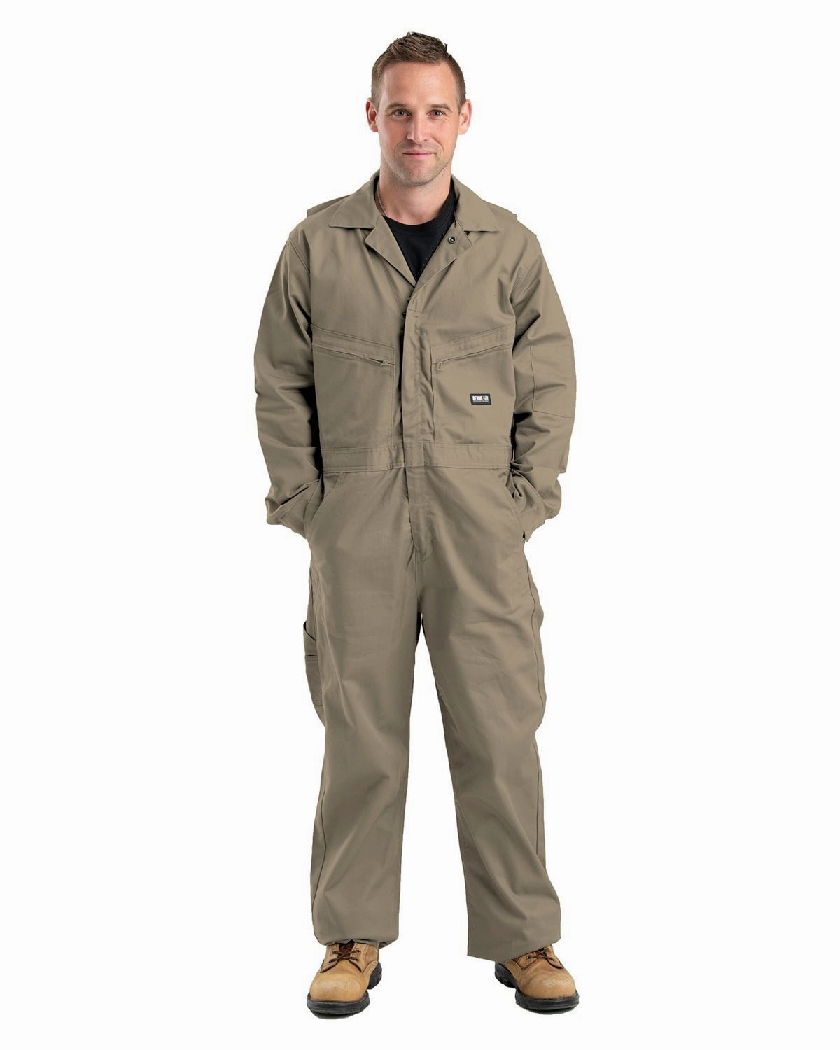Berne Apparel Mens Flame Resistant Unlined Khaki Cotton Blend Work Coverall Mid Season Wear WindproofTechnology