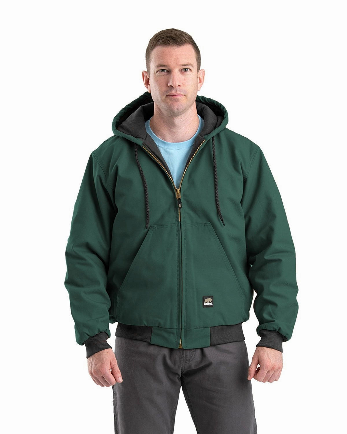 Berne Apparel Mens Heritage Duck Hooded Active Green 100% Cotton Jacket Full Length Zipper Closure Minimalist Aesthetic