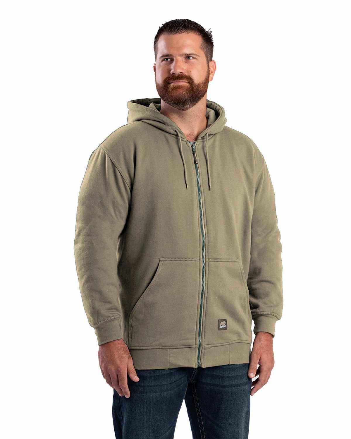 Berne Apparel Mens Heritage Thermal-Lined Zip Alpine Green Cotton Blend Hoodie Flexible Articulated Elbows