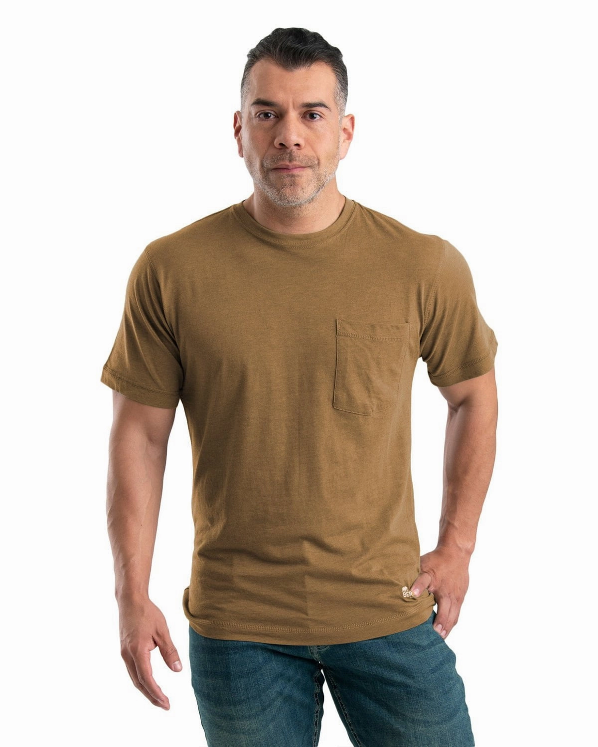 Berne Apparel Mens Performance Pocket Tee Brown Cotton Blend L/S T-Shirt Compact Fold Design Gym Wear