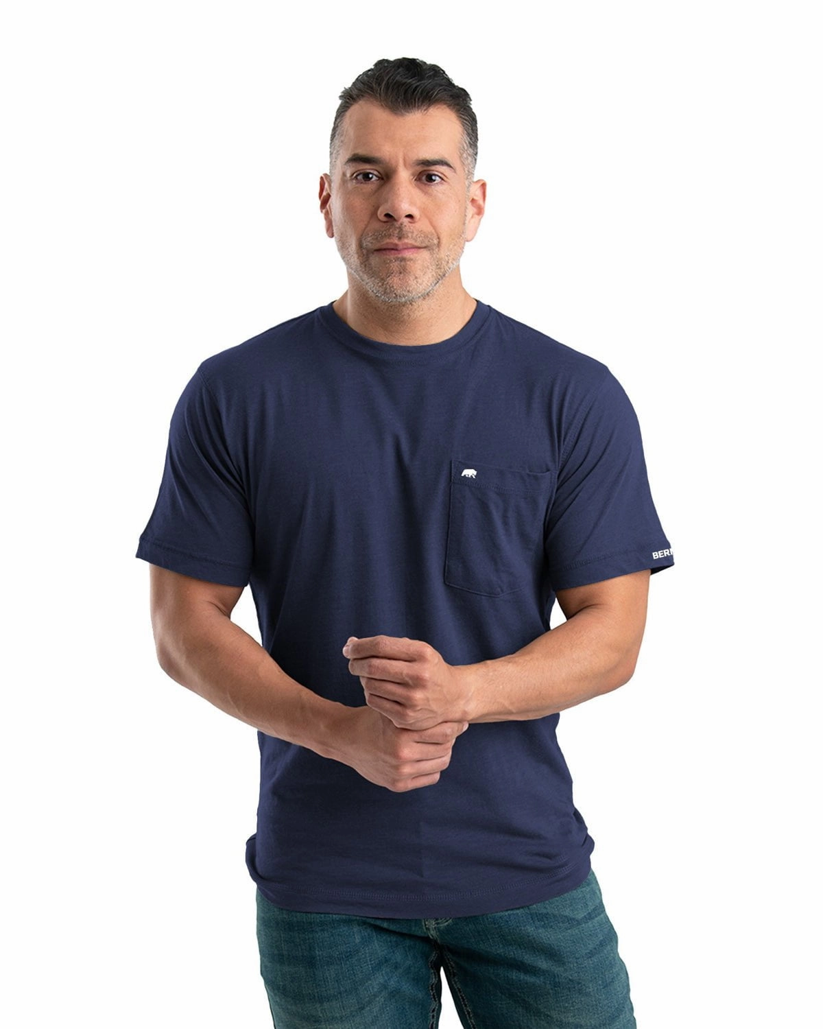 Berne Apparel Mens Performance Pocket Tee Navy Cotton Blend L/S T-Shirt Quick Wear Comfortable and stylish