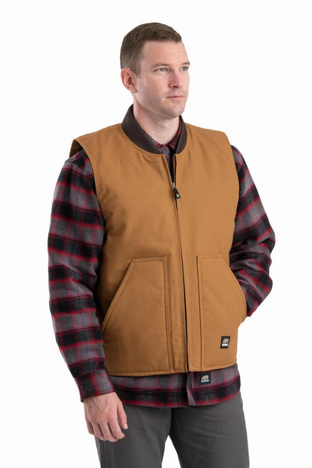 Berne Mens Brown Duck 100% Cotton Duck Workmans Vest Quilt Lined Soft Touch