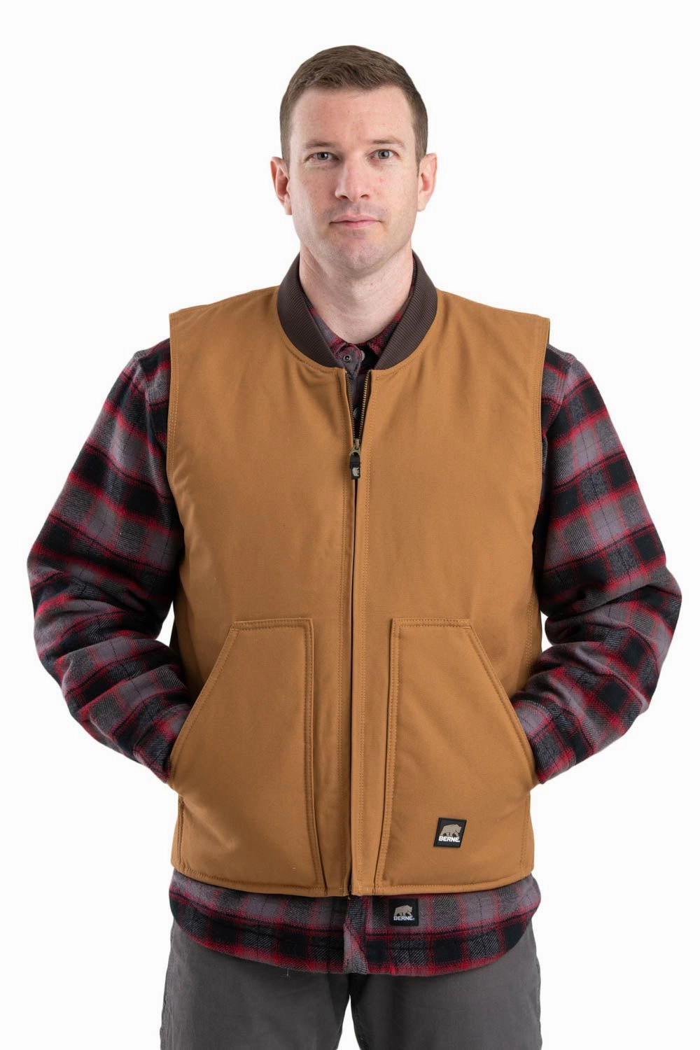 Berne Mens Brown Duck 100% Cotton Duck Workmans Vest Quilt Lined Auxiliary Attachment Points Durable Double Stitching