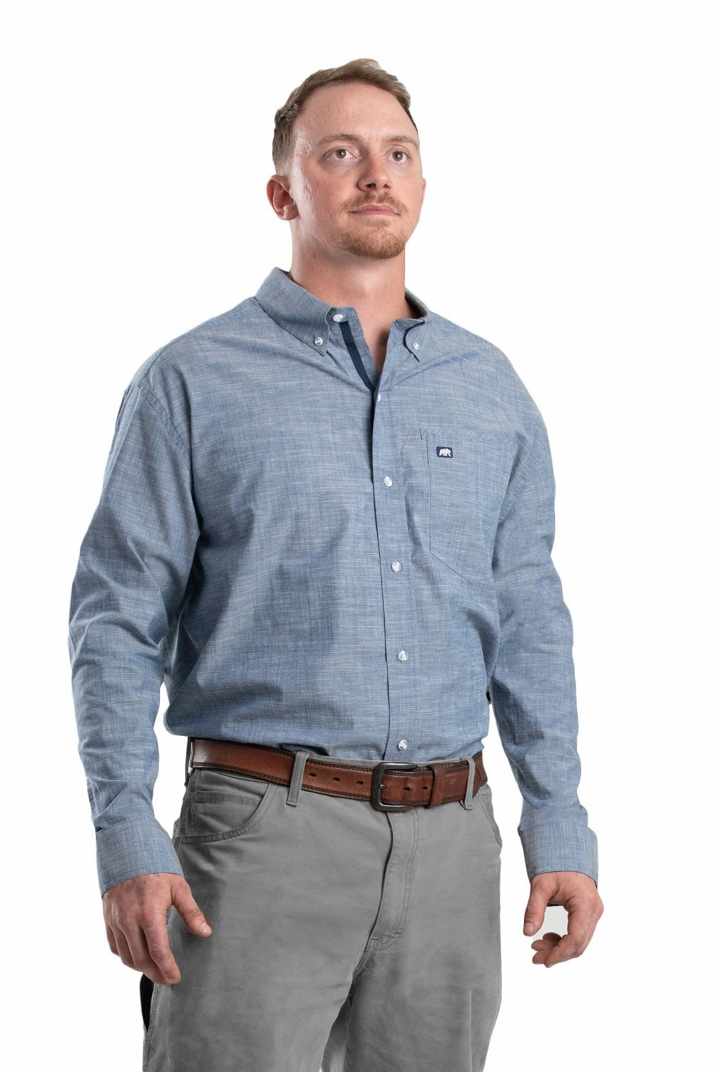 Roomy Cut Street Fashion Berne Mens Chambray Blue Cotton Blend Foreman Flex Chambray Button Down Shirt L/S