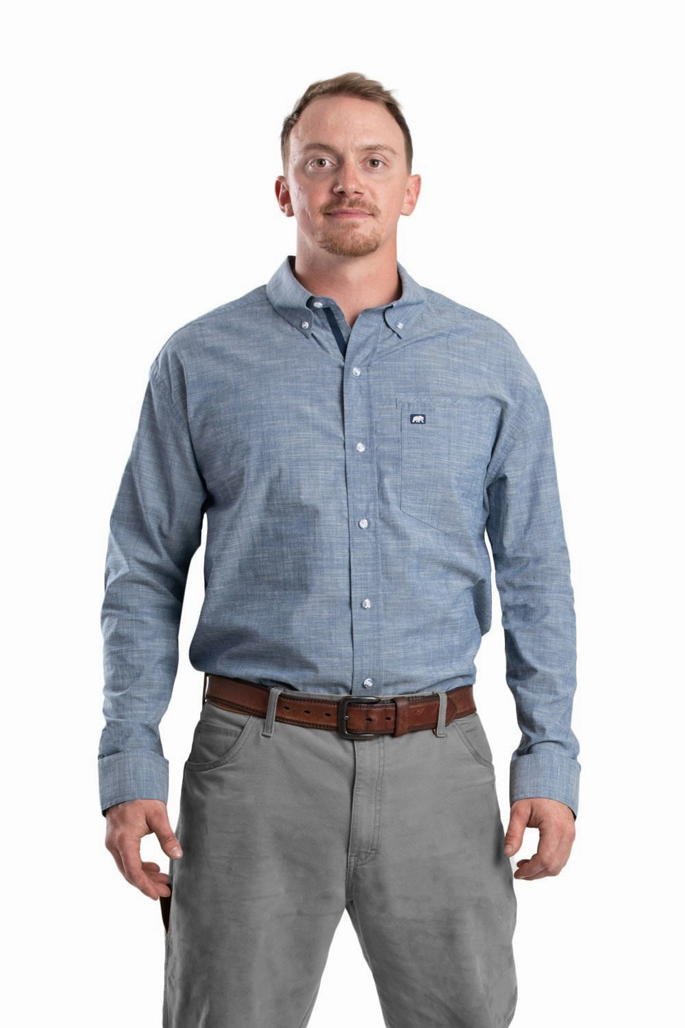 Berne Mens Chambray Blue Cotton Blend Foreman Flex Chambray Button Down Shirt L/S Chic Ensemble High Density Weave