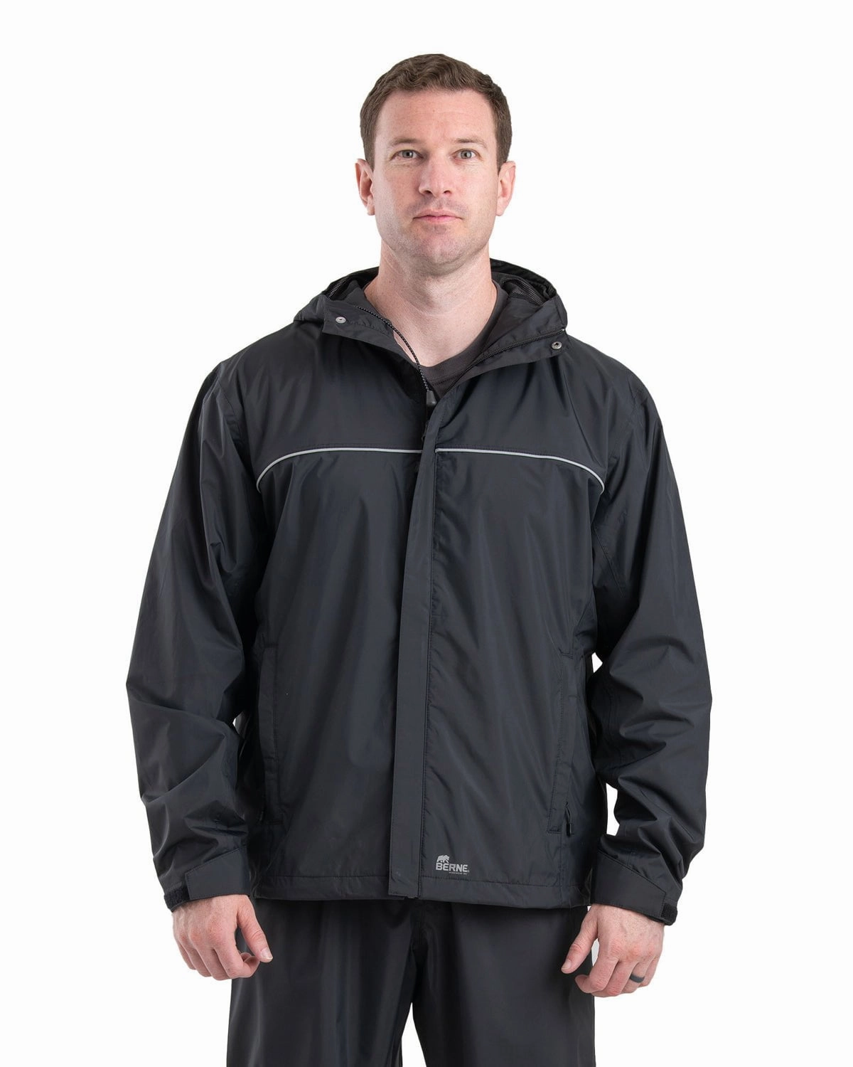 Berne Mens Coastline Lightweight Hooded Rain Black Polyester Softshell Jacket Classic Fit Cut