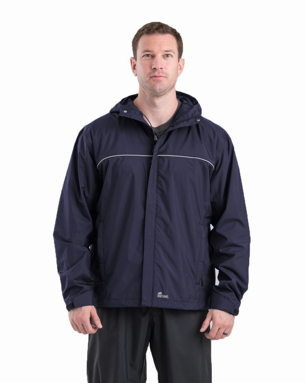 Berne Mens Coastline Lightweight Hooded Rain Navy Polyester Softshell Jacket Cotton Twill Non Restrictive Tailoring
