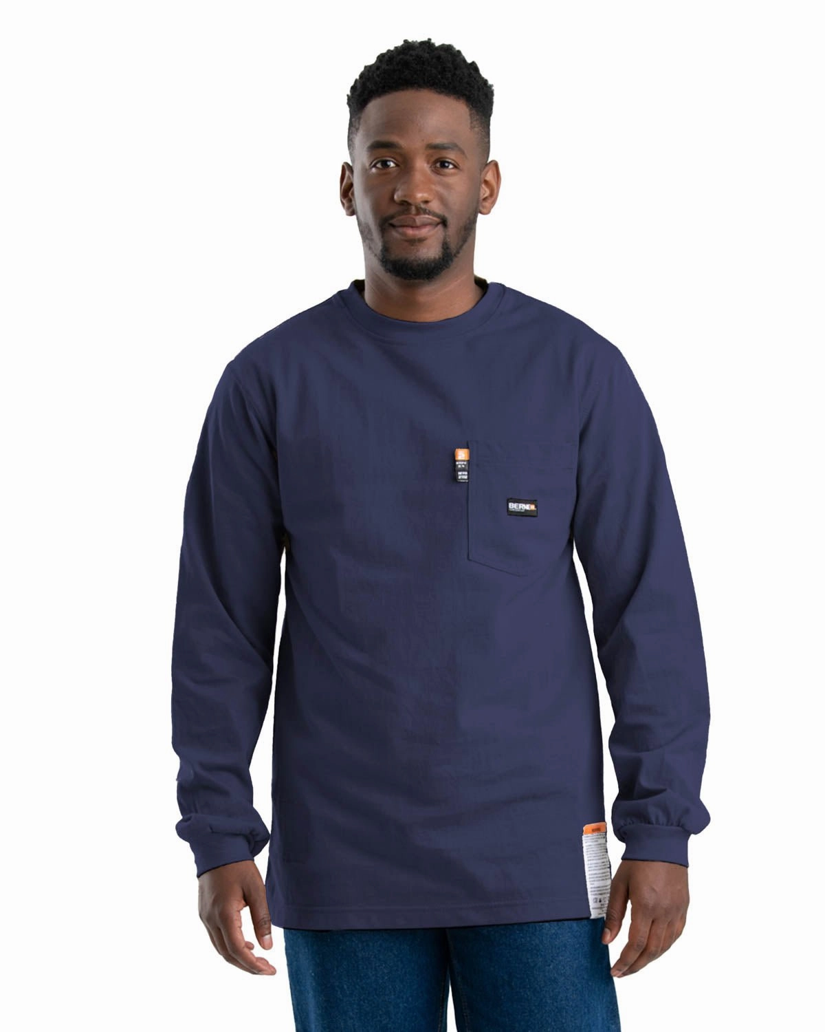 Versatile Styling Bamboo Fiber Blend Berne Mens Flame Resistant Crew Neck Pocket Navy 100% Cotton L/S T-Shirt