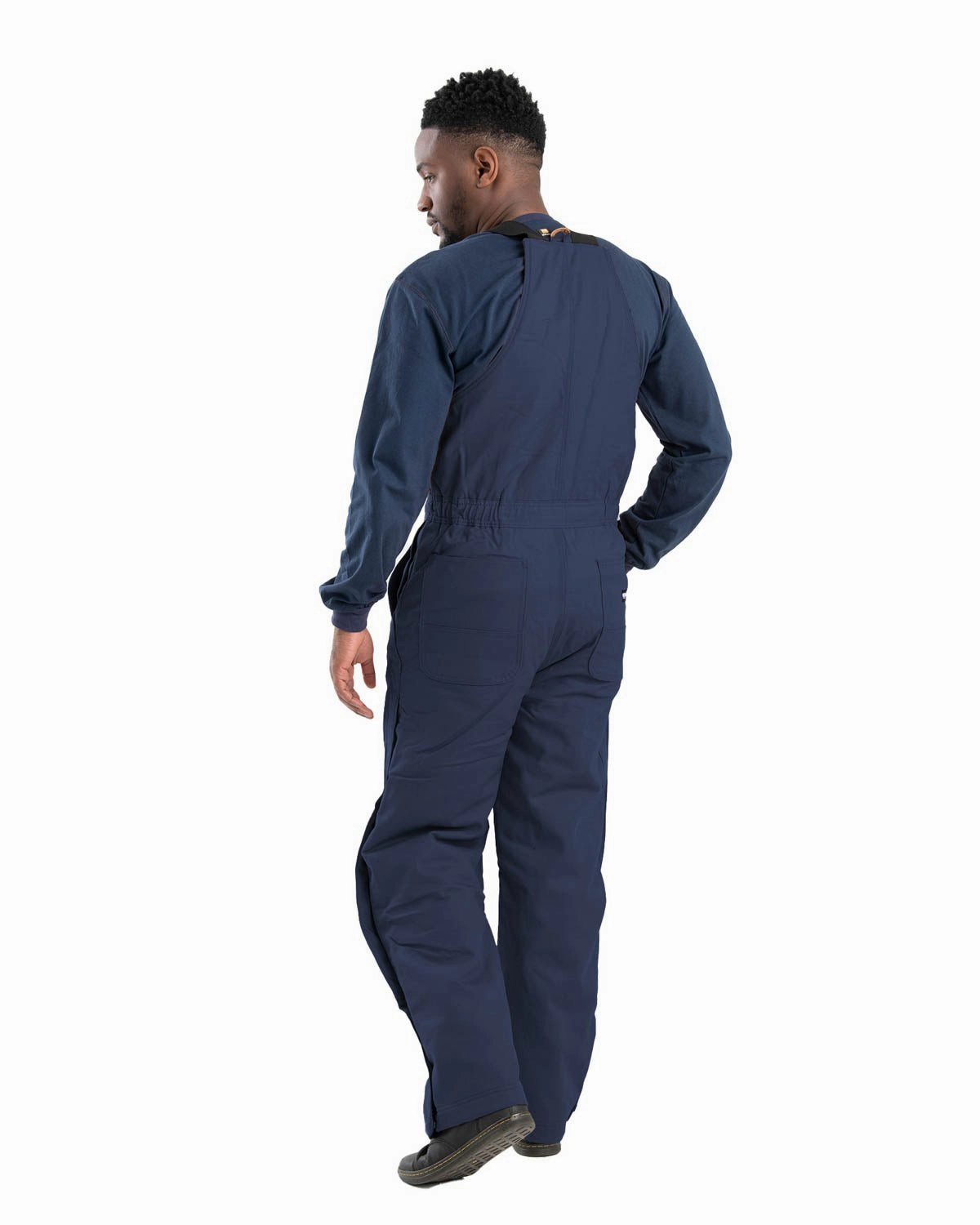 SeamlessShoulderPanels Berne Mens Flame Resistant Duck Insulated Navy Cotton Blend Bib Overall