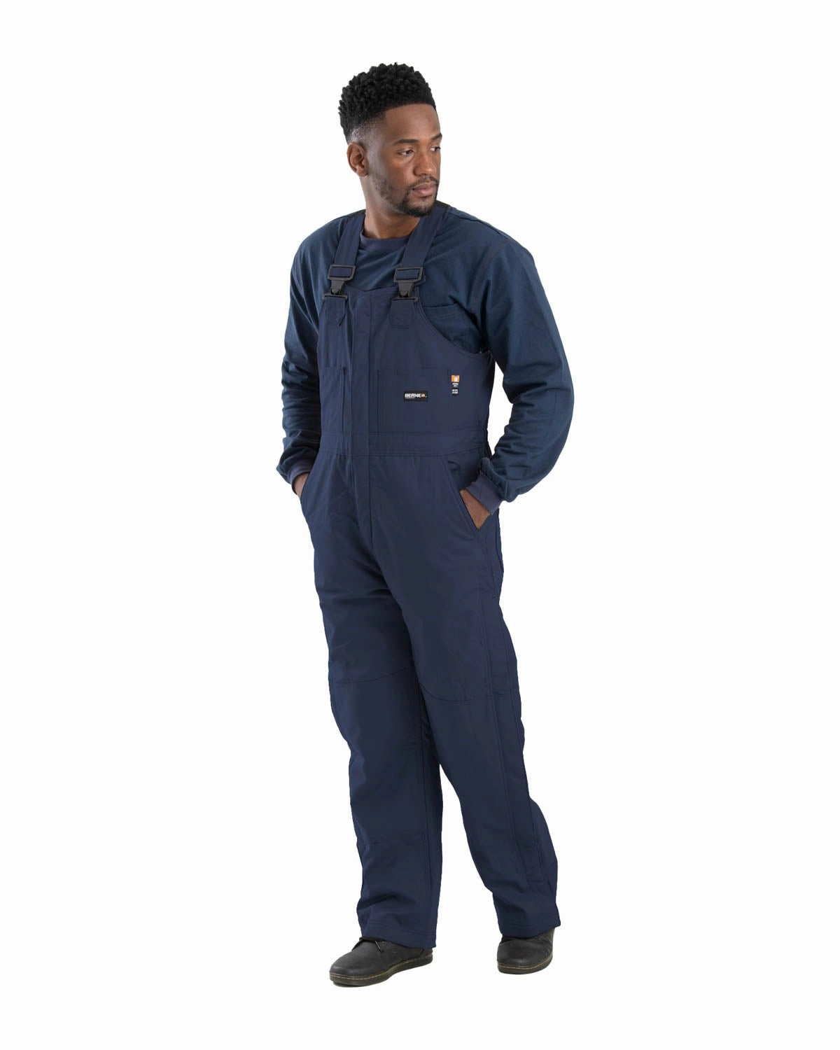Berne Mens Flame Resistant Duck Insulated Navy Cotton Blend Bib Overall Midweight Layer Fleece Backing