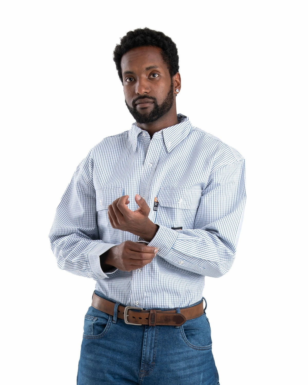 Berne Mens FR Button Down Plaid Work Navy 100% Cotton L/S Shirt Yoke Design Odor Control Fabric