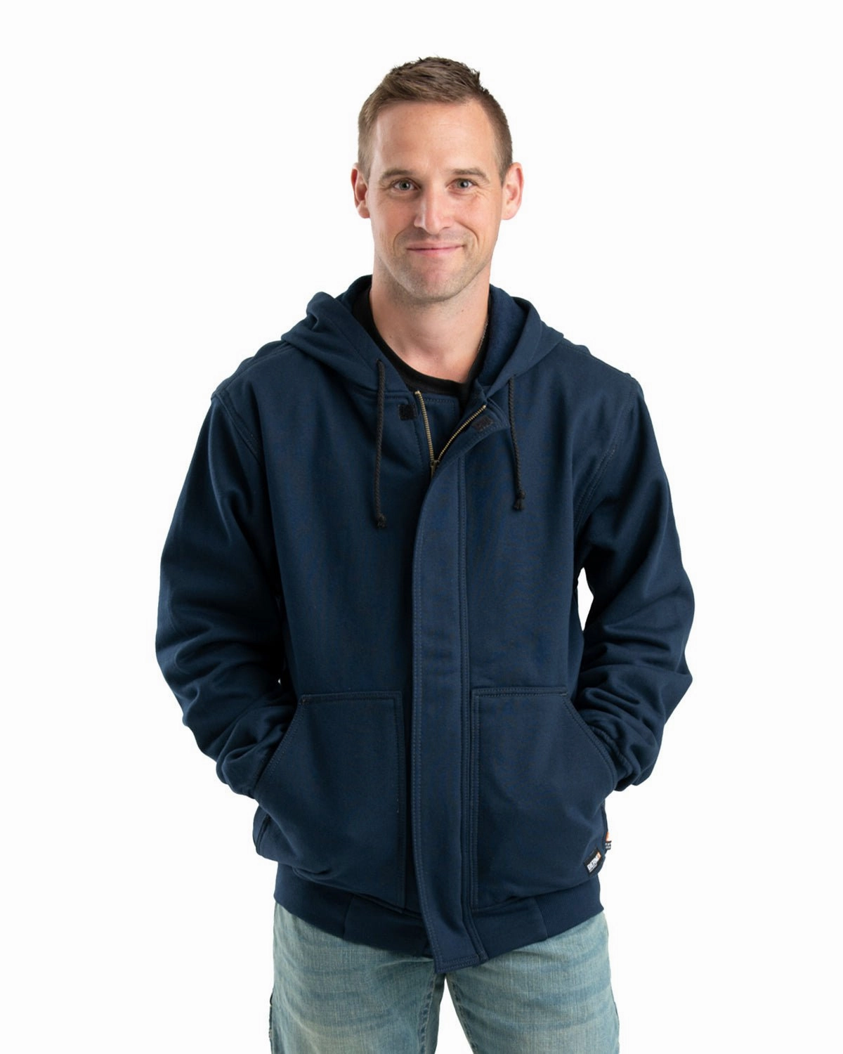 Berne Mens FR Zip Front NFPA 2112 Navy 100% Cotton Hoodie Reinforced Seam Construction Airtight Seam Sealing