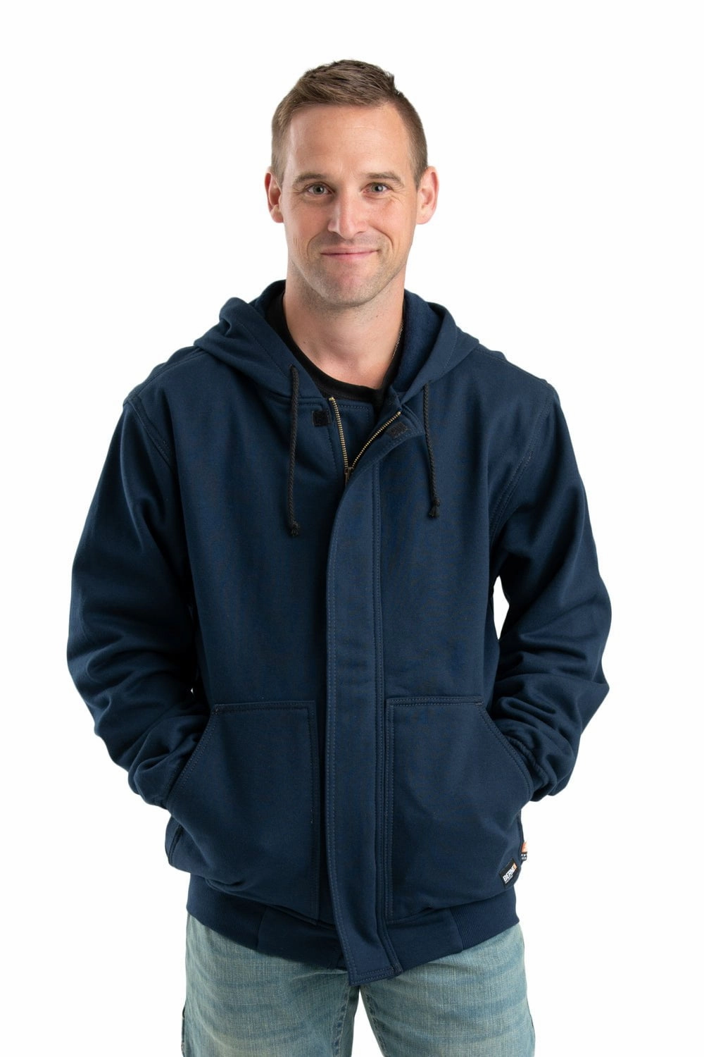 Berne Mens FR Zip Front NFPA 2112 Navy 100% Cotton Hoodie Convertible 2 In 1 Function Layered Insulation