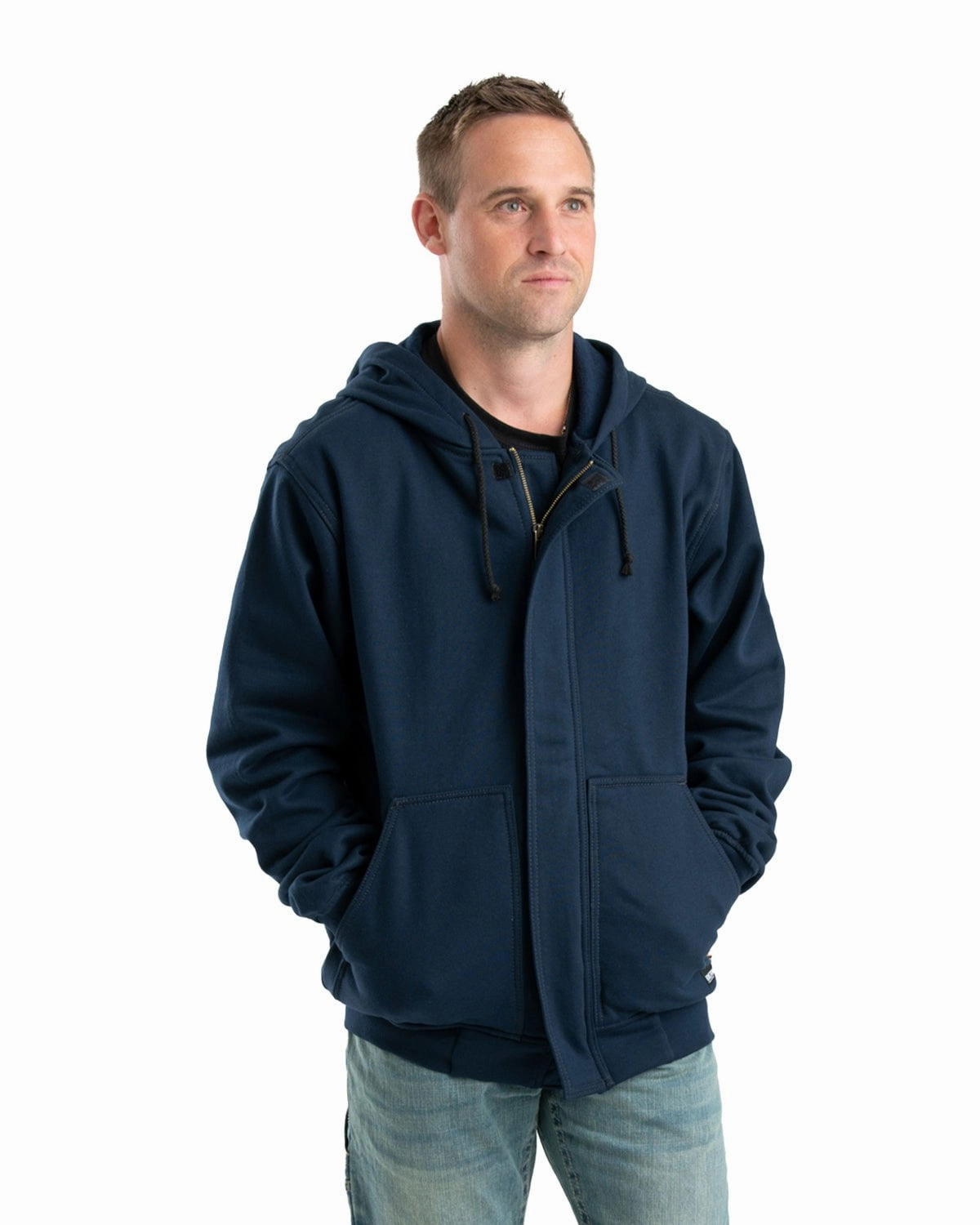 Berne Mens FR Zip Front NFPA 2112 Navy 100% Cotton Hoodie Shock Absorbent Padding Articulated Ergonomic Fit
