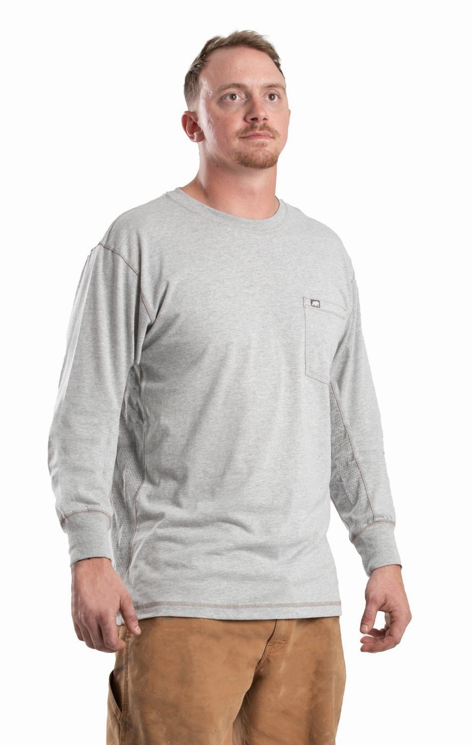 Sustainable Dye Process Berne Mens Grey Cotton Blend WorkVent Performance Pocket Tee L/S
