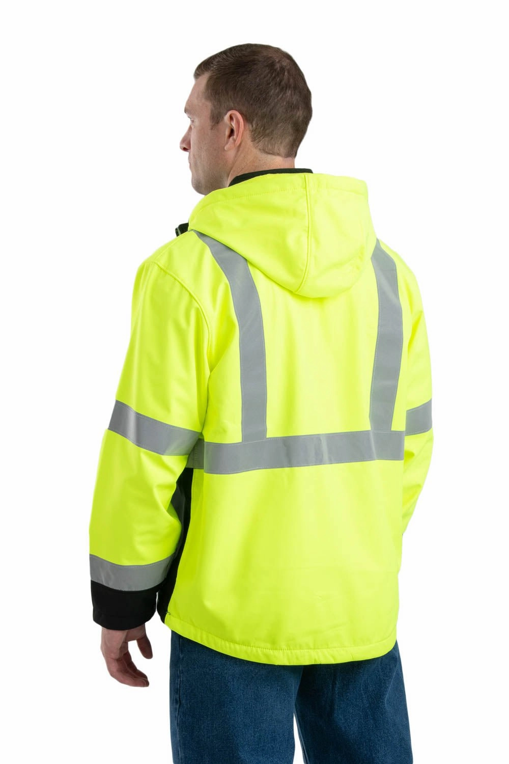 Non Restrictive Armholes Berne Mens Hi Vis Class 3 Hooded Yellow Fleece Softshell Jacket