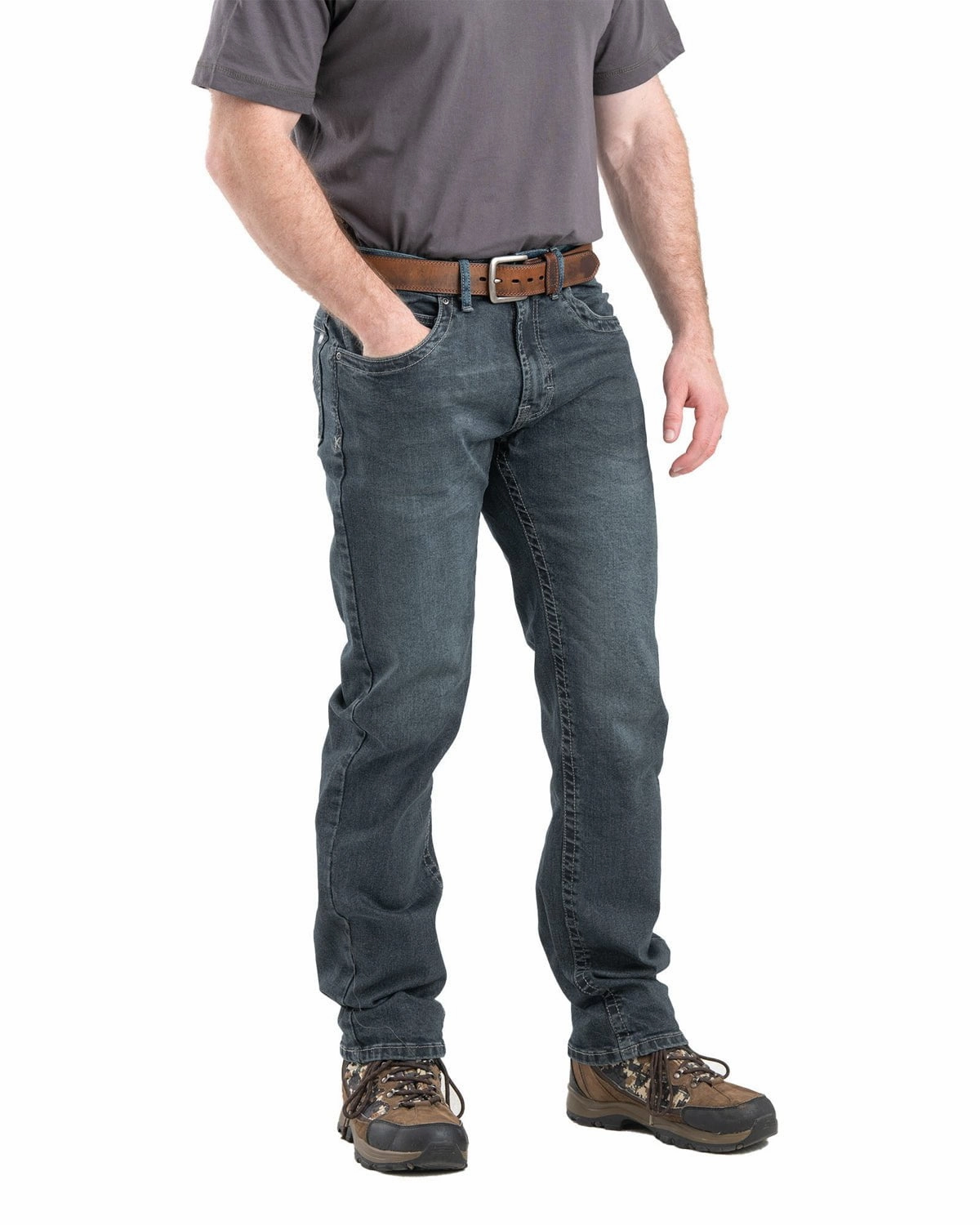 Berne Mens Highland Flex Relaxed Fit Straight Leg Limestone Cotton Blend Jeans Always Fits