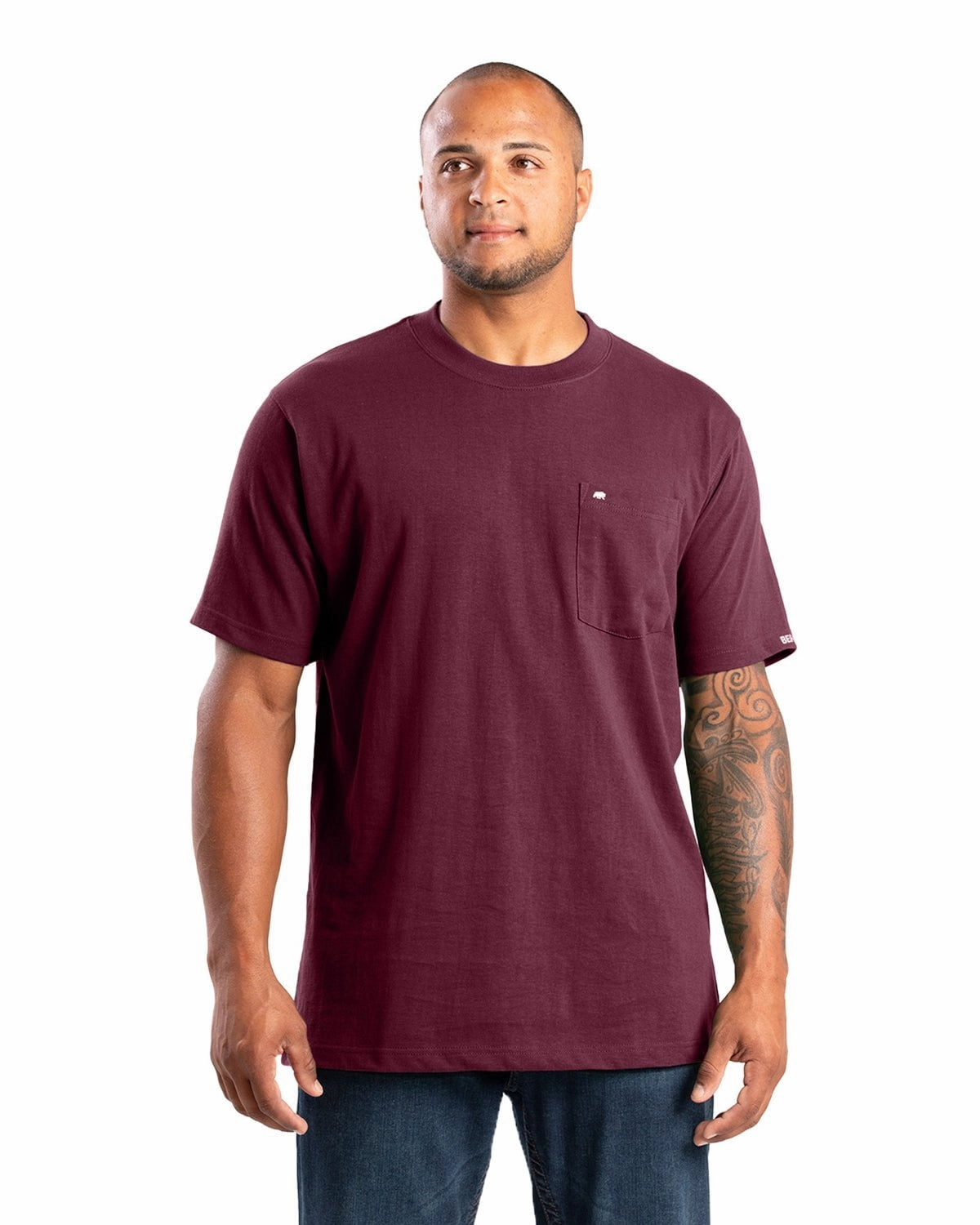 Outdoor Style Trend soft look Berne Mens Highland Heavyweight Pocket Burgundy 100% Cotton S/S T-Shirt