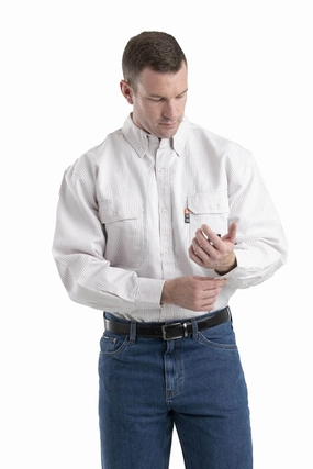 Berne Mens Khaki 100% Cotton FR Button Down Workshirt L/S hypoallergenic Glossy Texture