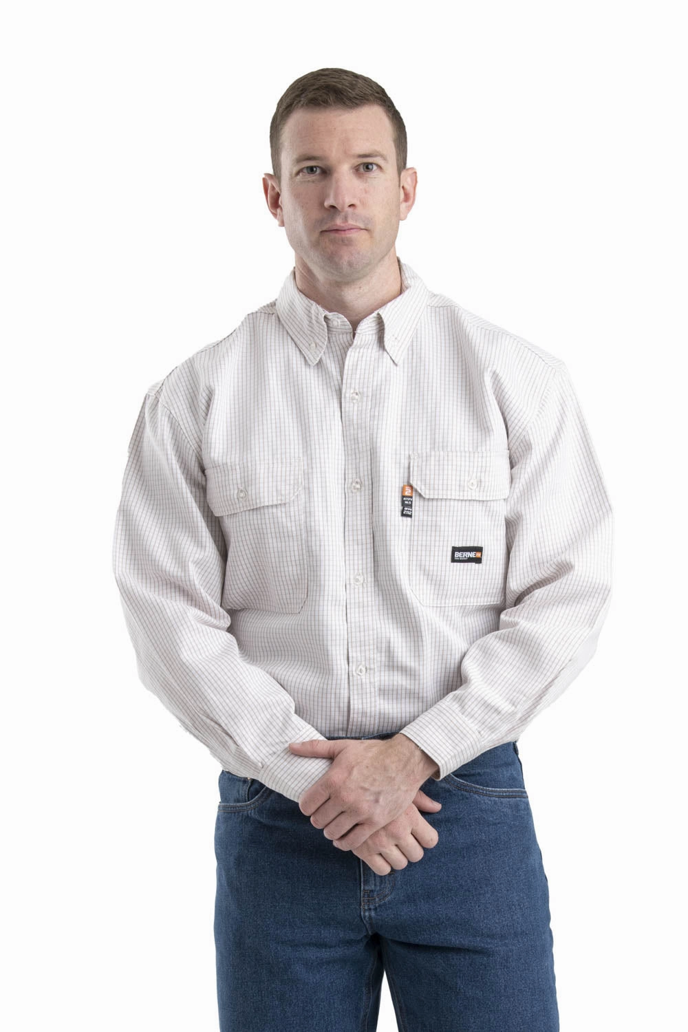 Berne Mens Khaki 100% Cotton FR Button Down Workshirt L/S Formal Elegance