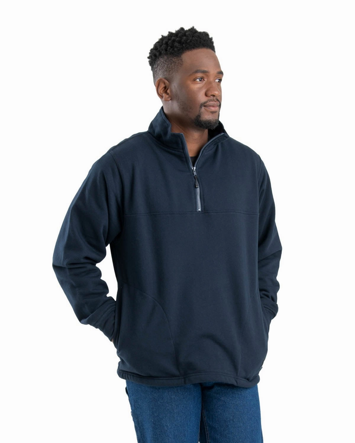 Berne Mens Navy Cotton Blend Fleece Quarter Zip Neutral Toned Stitching Twill Weave
