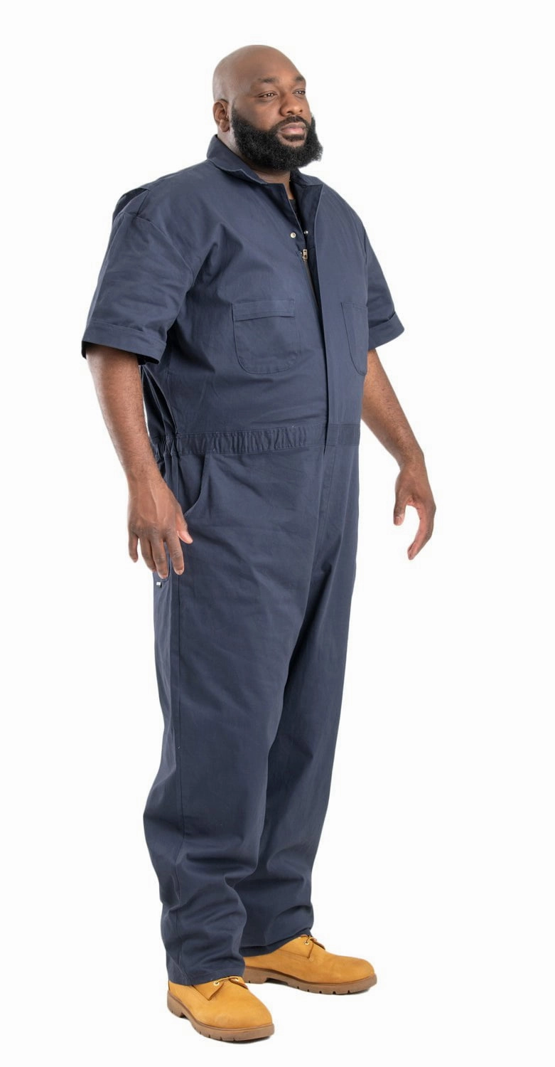 Berne Mens Navy Cotton Blend Highland Flex Poplin Coverall S/S color block Subtle Design Detail